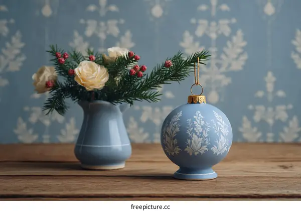 Vintage Christmas Ornament and Flowers on Wooden Table
