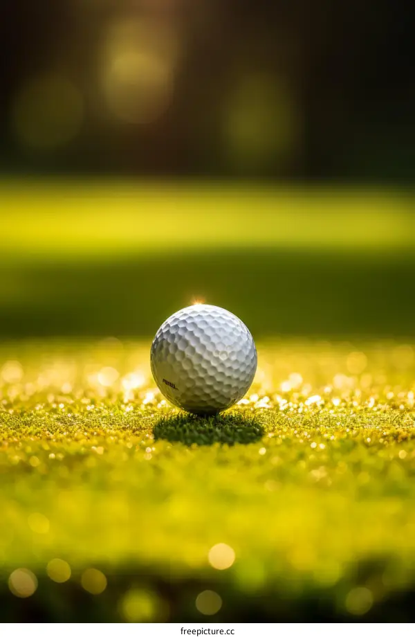 A white golf ball is sitting on a tee on a golf course with the sun rising in the background