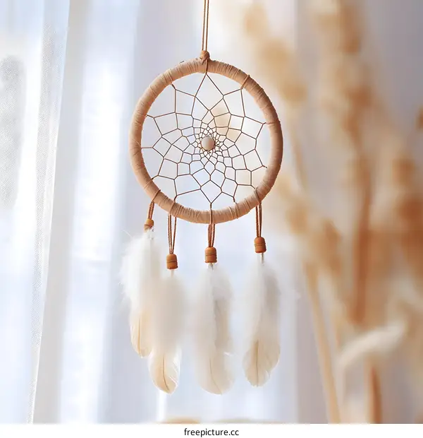 Beige Dreamcatcher with White Feathers Hanging From a Window