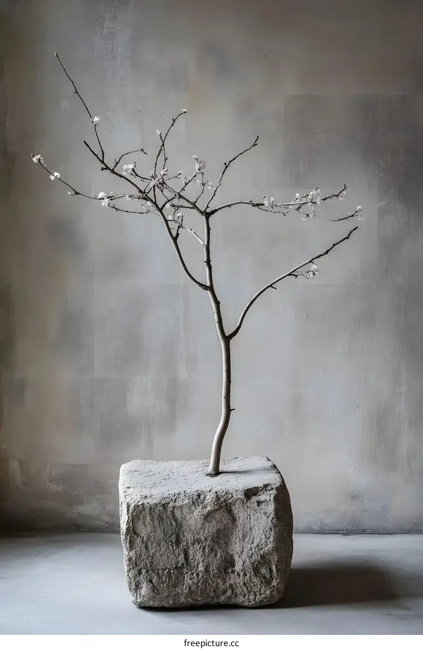 Minimalist Still Life with Bare Tree Branch on Stone