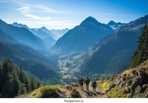 Three hikers on a mountain ridge overlooking a valley