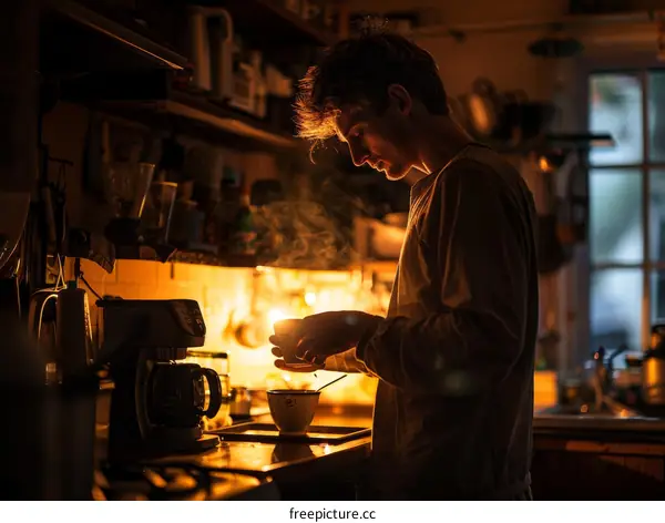 Man making coffee in the evening