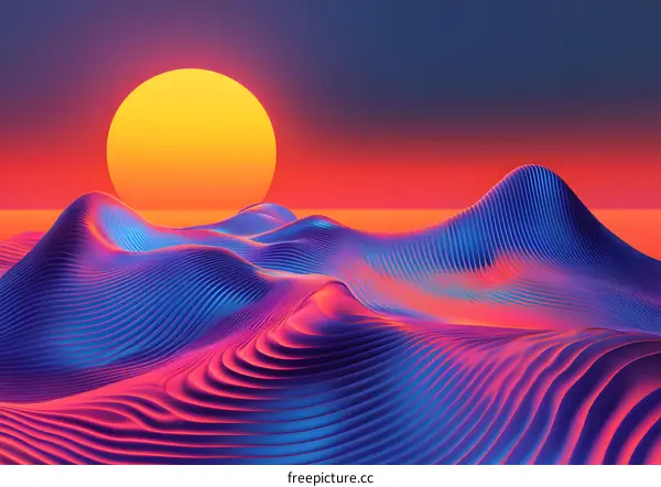 Abstract Landscape with Sunset and Wavy Lines