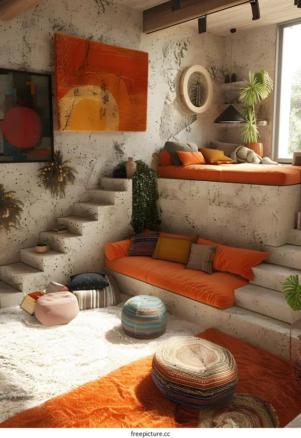 A cozy living room with a platform bed and lots of plants