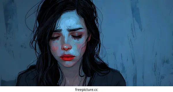 A digital painting of a young woman with black hair and red lips, with her eyes closed and a sad expression on her face.