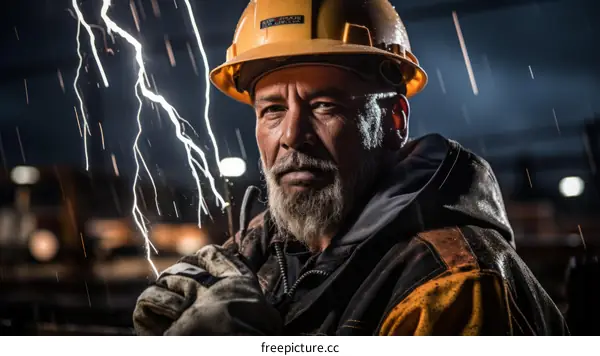 Portrait of a male construction worker wearing a hard hat and safety vest, standing in front of an industrial background with lightning in the distance