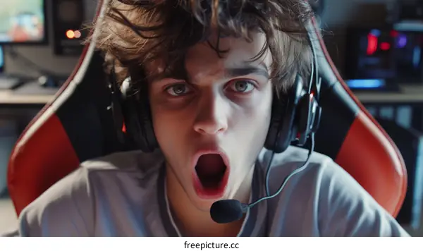 Young gamer with headphones and microphone expressing amazement while playing video games