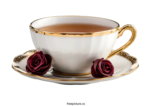 [Transparent Background PNG]Elegant White Teacup with Gold Accents and Red Rose