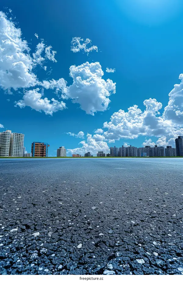 Asphalt Road Leading to Urban Skyline with Blue Sky