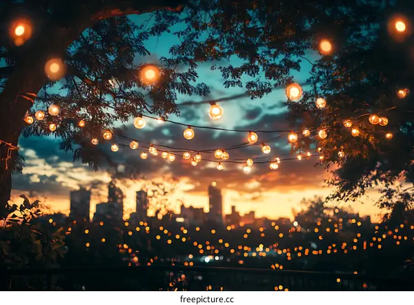 String Lights Hanging from Tree Branch with City Skyline in Background at Sunset