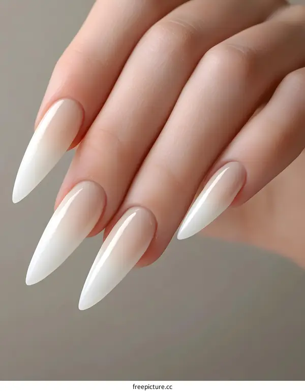 Closeup of White Ombre Nail Polish on Woman Hand