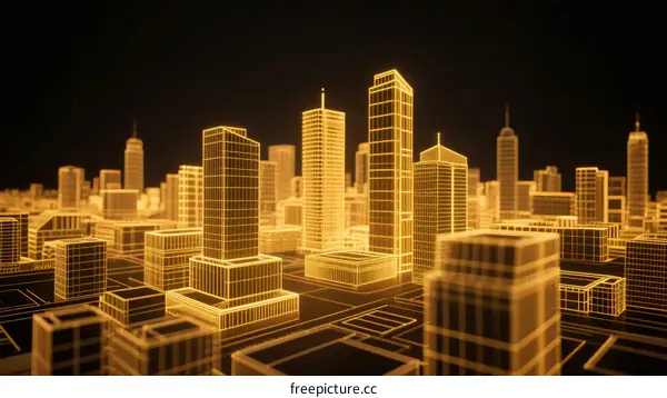 Golden Glowing Digital Cityscape with Tall Skyscrapers