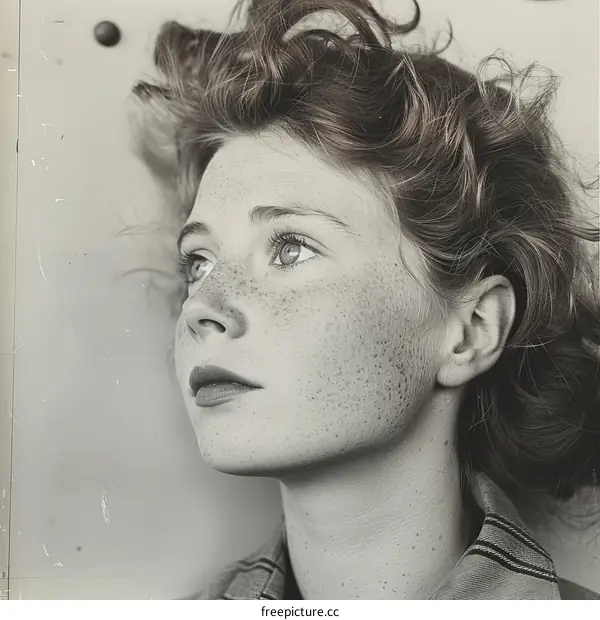Portrait of a young woman with freckles and curly hair