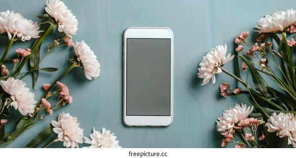 Flowers and White Smartphone on Blue Background