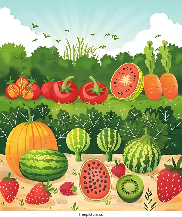 Summer Garden Illustration with Variety of Fruits and Vegetables