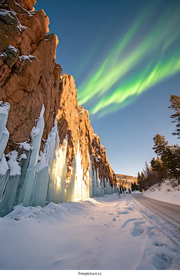 Northern Lights Display Over a Cliffside Covered in Ice and Snow