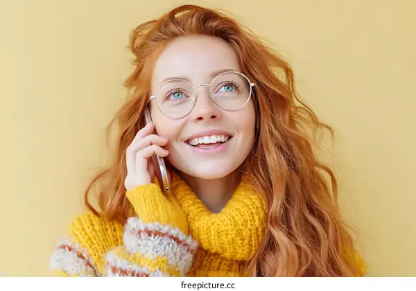 Smiling Woman with Red Hair Talking on Mobile Phone
