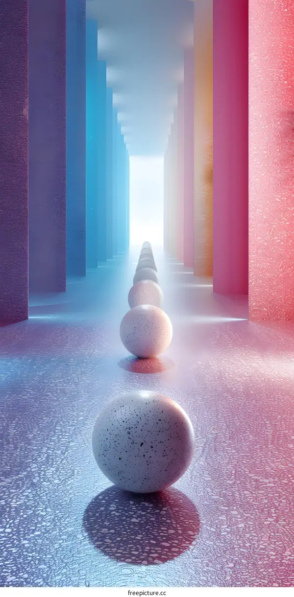 Pink and Blue Concrete Hallway with Pink and Blue Spheres