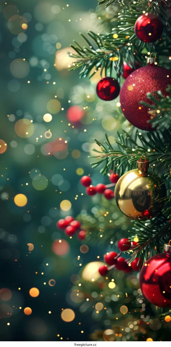 Red and Gold Ornaments on a Christmas Tree in a Festive Room