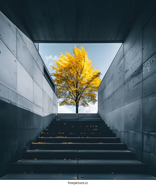 Yellow Tree Through Concrete Tunnel Staircase