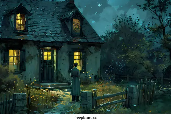 A woman standing in front of a cottage at night