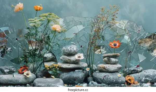 Glass, Stones, and Flowers Still Life on Water
