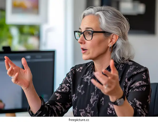Woman with grey hair in business meeting with a computer