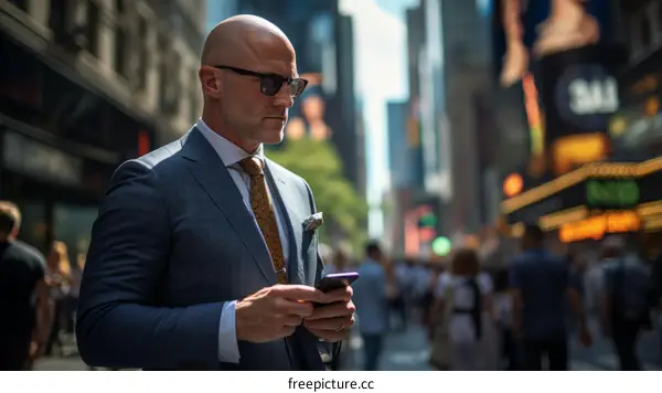 A bald man in a suit is looking at his phone on a busy street