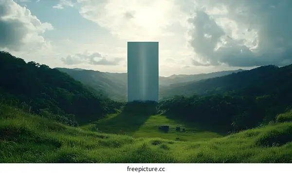 Tall Rectangular Structure in a Green Field with Mountains in the Background