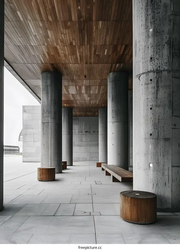 Minimalist Architecture Design with Wooden Ceiling and Concrete Pillars