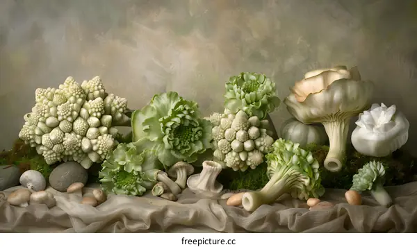 Still Life with White and Green Romanesco Broccoli, Flowers and Mushrooms