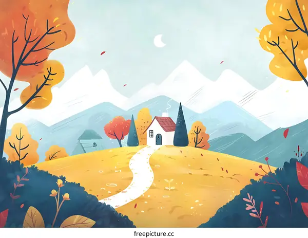 Autumn Landscape with a House and Mountains