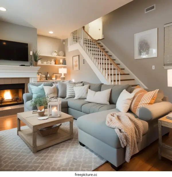 A cozy living room with a fireplace and a staircase