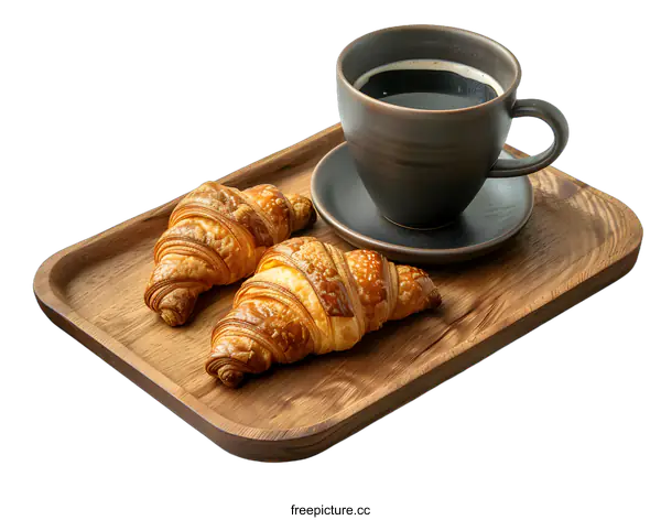 [Transparent Background PNG]Freshly Baked Croissants and Coffee on Wooden Tray