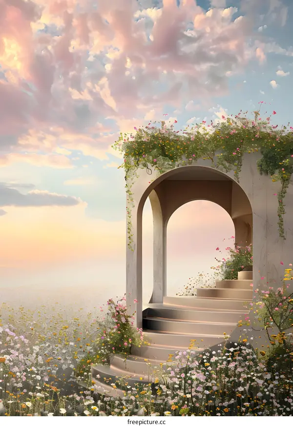 Stone Archway Surrounded by Flowers in a Dreamy Landscape