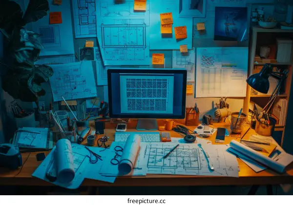 An architect's desk with blueprints and plans