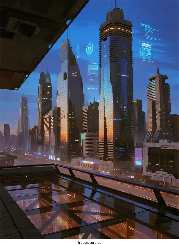 Futuristic Cityscape with Tall Skyscrapers and Digital Interface