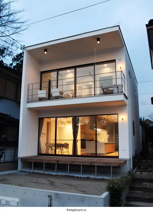 Modern Two Story House Exterior with Balcony and Patio