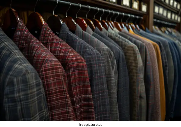 A variety of men's suit jackets hang on a clothing rack in a store.