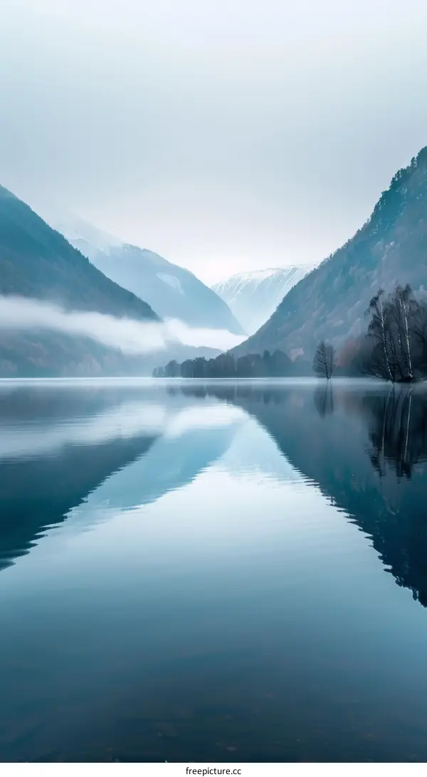 Mountains and lake in the fog