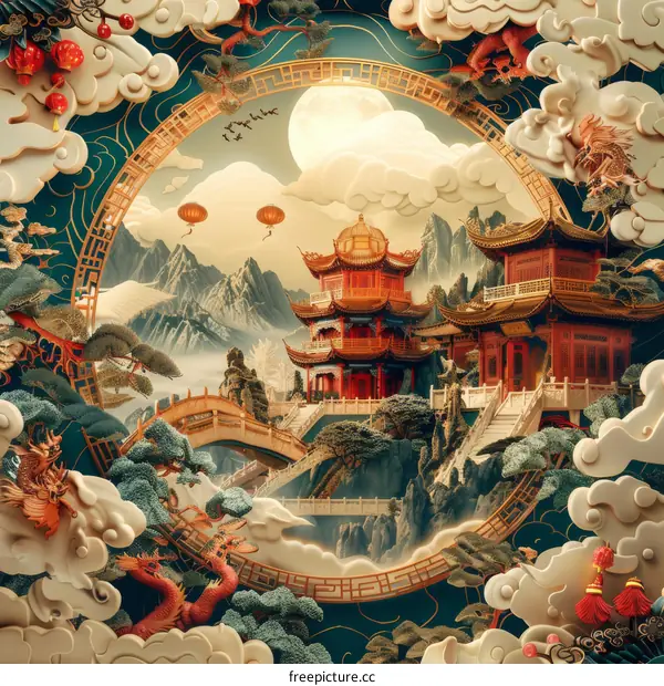 Chinese Architecture With Round Moon
