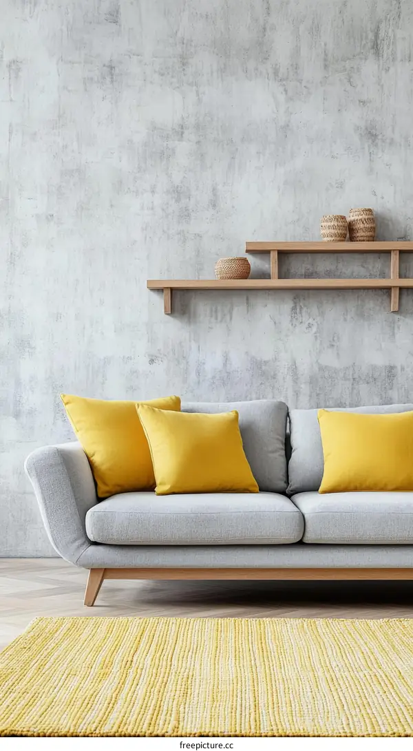 Modern Living Room Interior Design with Gray Sofa and Yellow Accents