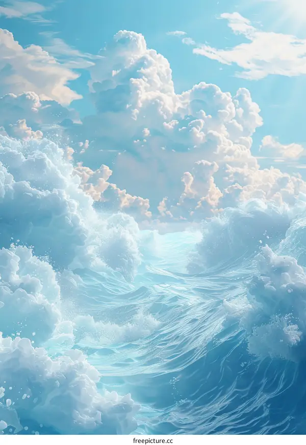 Panoramic Ocean Vista with Azure Sky and Cumulus Clouds