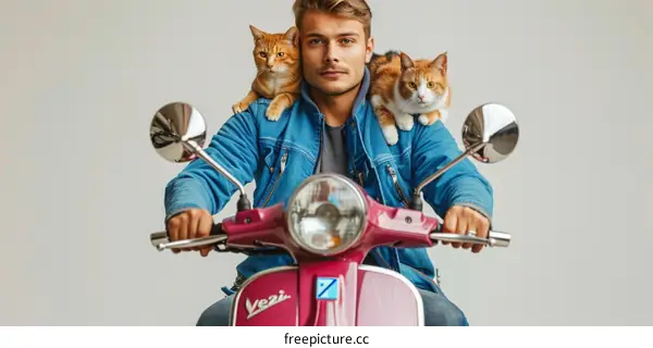 A man riding a scooter with two cats on his shoulders