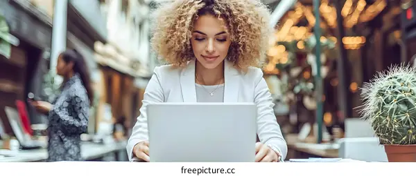 African American Woman Working on Laptop in City