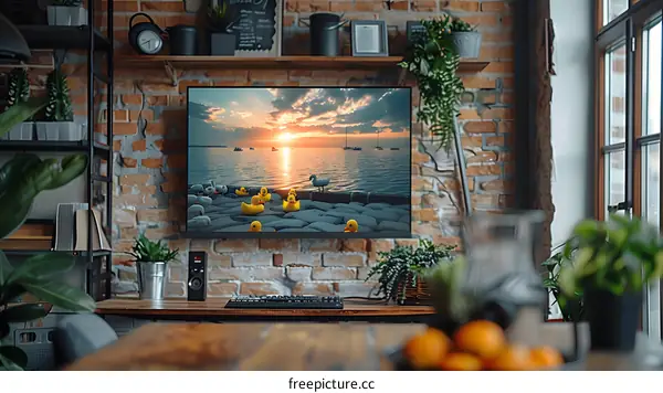 A living room with a TV showing a lake at sunset and some rubber ducks sitting on a stone wall in front of it