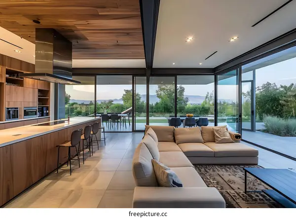 Modern Minimalist Open Floor Plan Interior Design with Kitchen Island and Large Windows