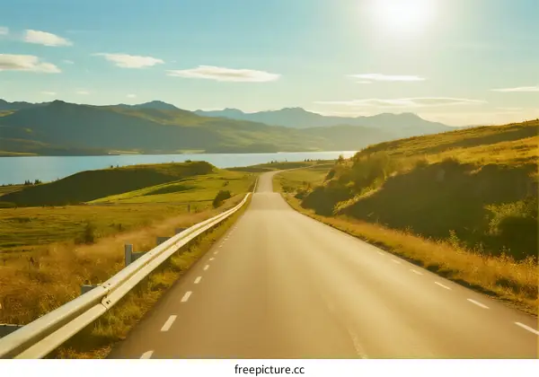 Scenic road stretching through beautiful countryside with lake and mountains