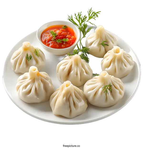[Transparent Background PNG]dumplings with red sauce on a white plate