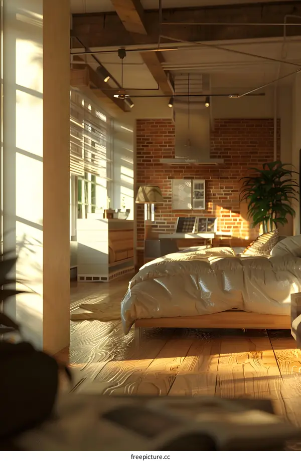 Sunlight fills a room with a large bed and brick walls